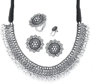 Antique Silver Oxidized Ethnic Indian Traditional latest Leaf Charm Pink Thread Neck Dori Necklace Earrings Jewelry Set
