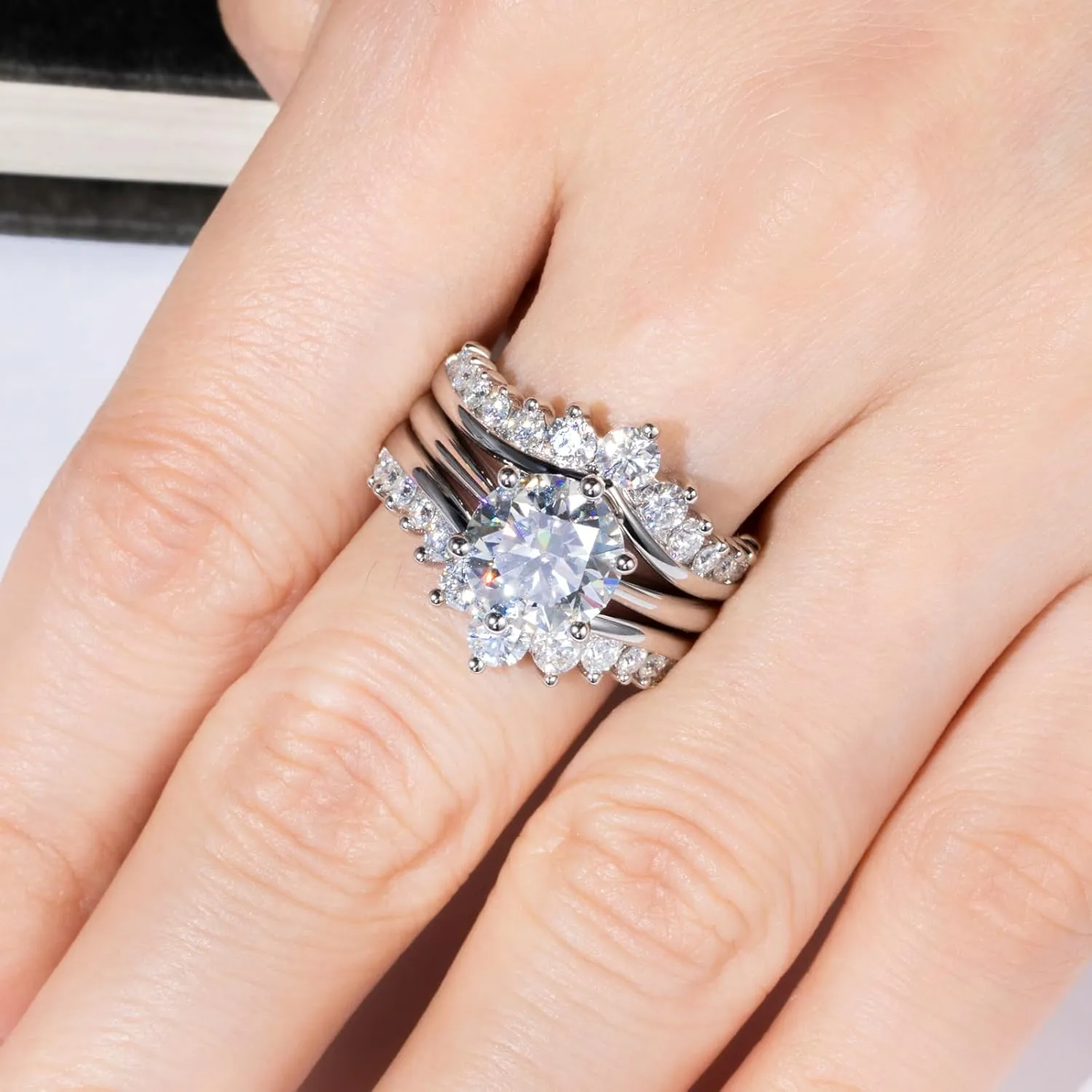 AnuClub Moissanite Engagement Rings Bridal Set 4.52cttw(3CT Center Stone) D Color VVS1 925 Sterling Silver 3-in-1 Wedding Promise Ring for Women with Certificate