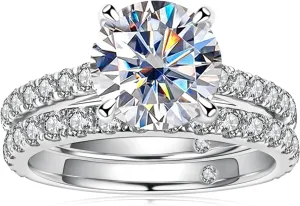 AnuClub (Total 4.14ct 3CT Center Moissanite Engagement Rings Wedding Band D Color VVS1 Round Cut 925 Sterling Silver Bridal Sets for Women