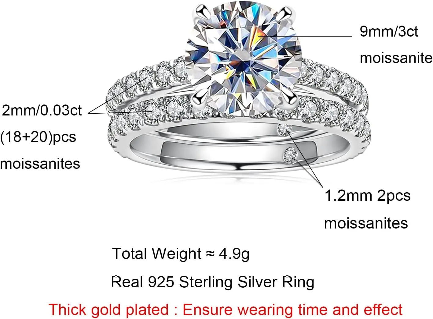 AnuClub (Total 4.14ct 3CT Center Moissanite Engagement Rings Wedding Band D Color VVS1 Round Cut 925 Sterling Silver Bridal Sets for Women
