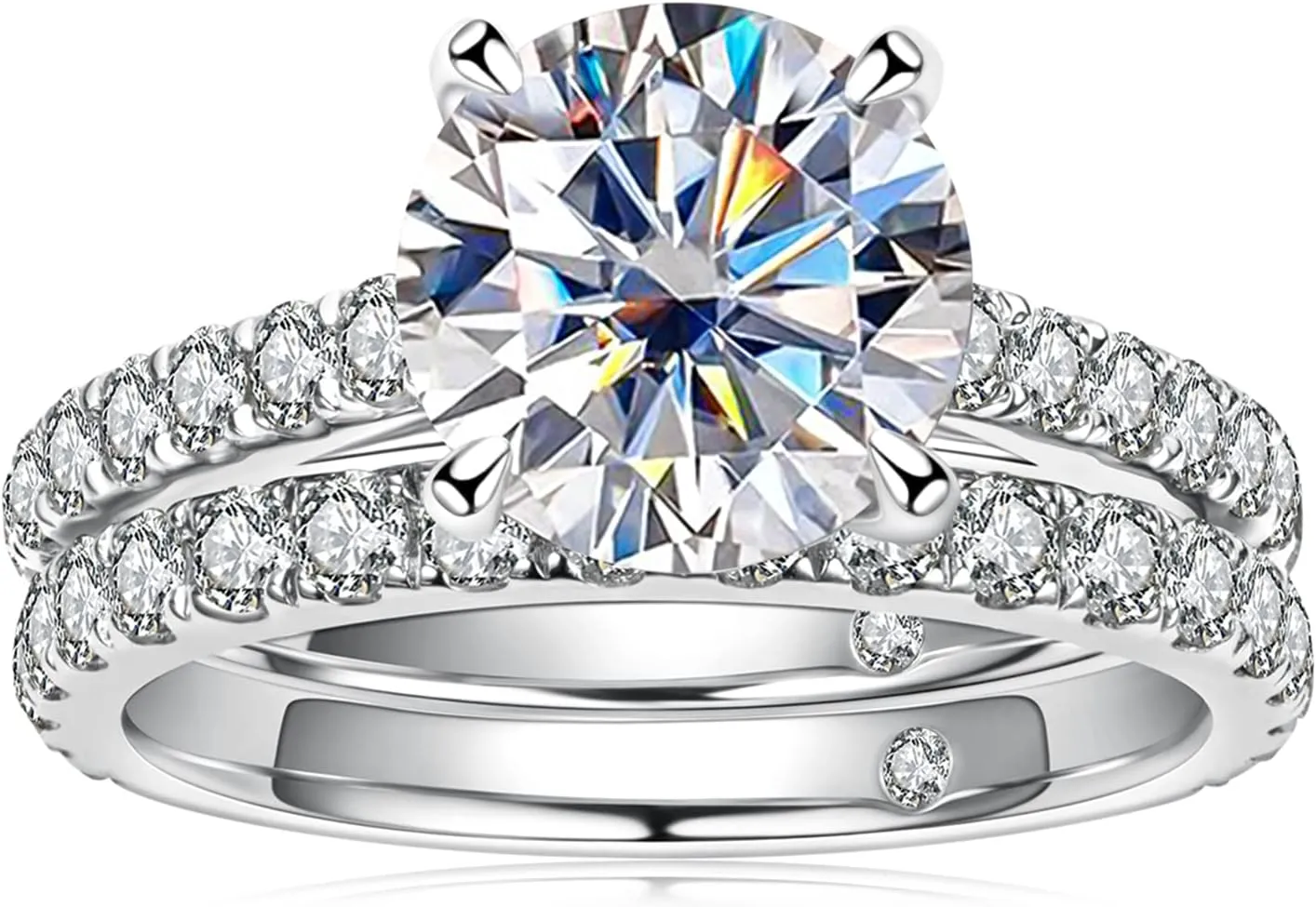 AnuClub (Total 4.14ct 3CT Center Moissanite Engagement Rings Wedding Band D Color VVS1 Round Cut 925 Sterling Silver Bridal Sets for Women