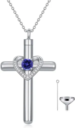 AOBOCO Cross Necklace for Ashes, Sterling Silver Birthstone Cross Urn Necklaces for Ashes Embellished with Crystals from Austria Keepsake Cremation Jewelry for Pet Human Ashes