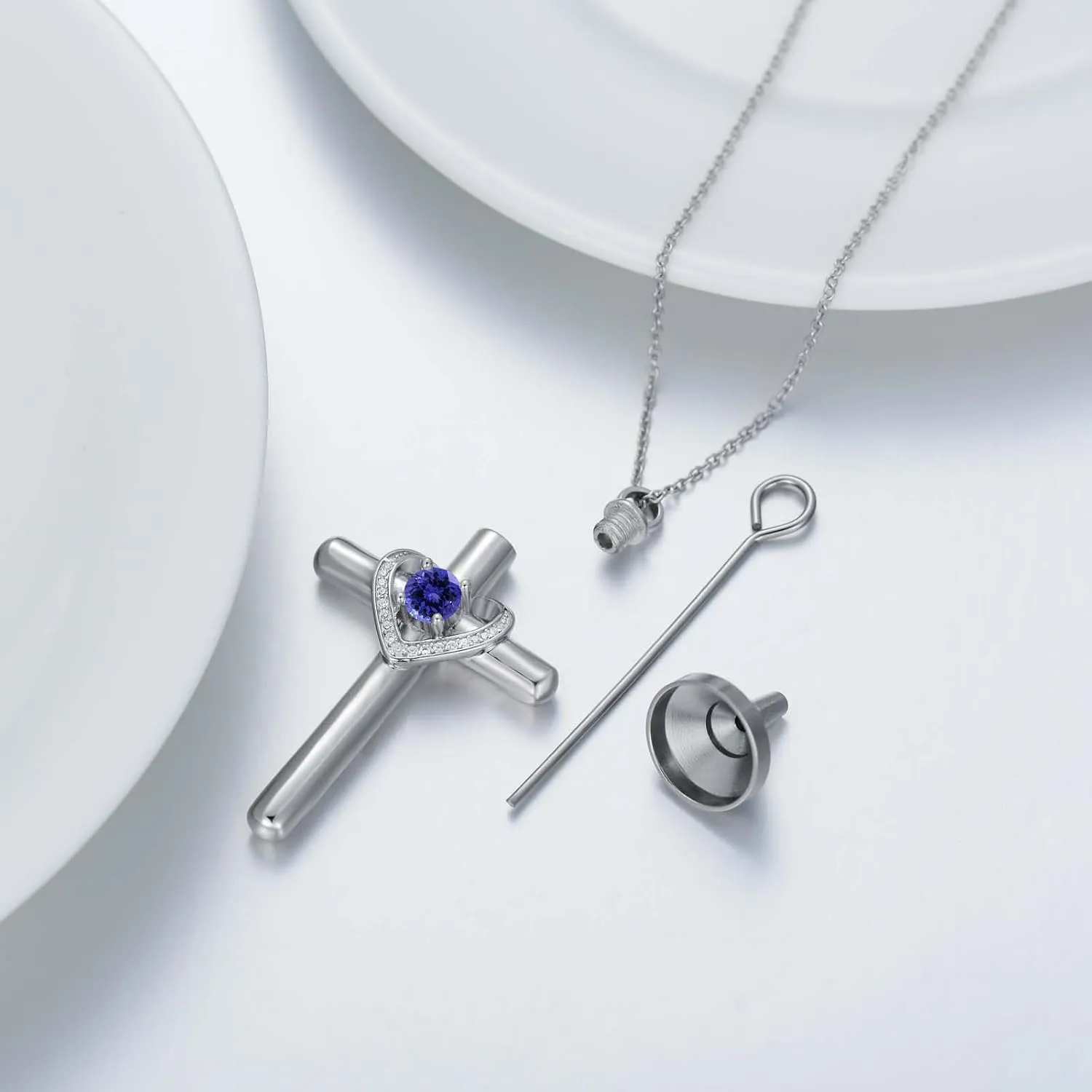 AOBOCO Cross Necklace for Ashes, Sterling Silver Birthstone Cross Urn Necklaces for Ashes Embellished with Crystals from Austria Keepsake Cremation Jewelry for Pet Human Ashes