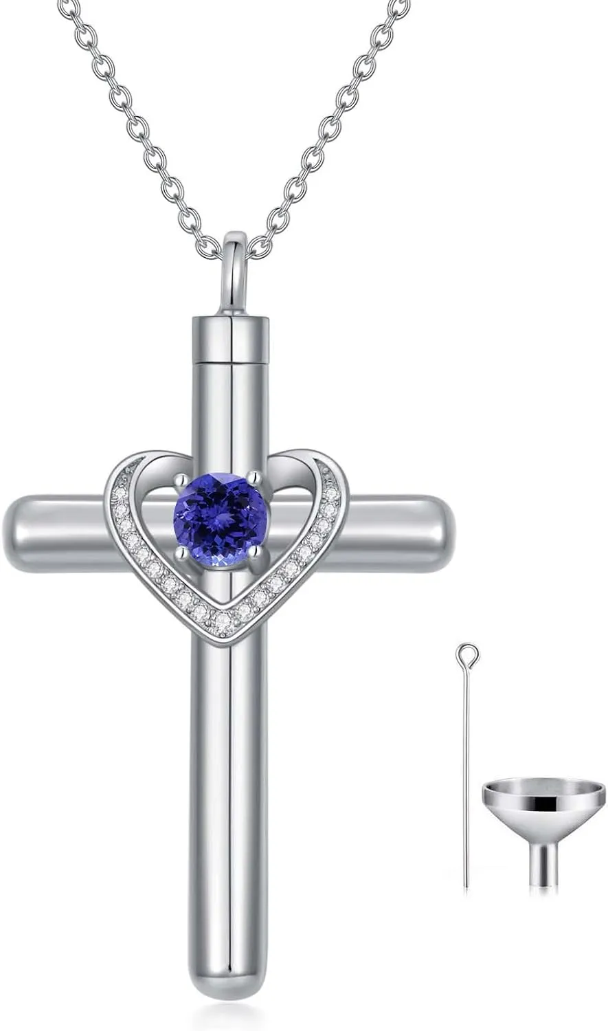 AOBOCO Cross Necklace for Ashes, Sterling Silver Birthstone Cross Urn Necklaces for Ashes Embellished with Crystals from Austria Keepsake Cremation Jewelry for Pet Human Ashes