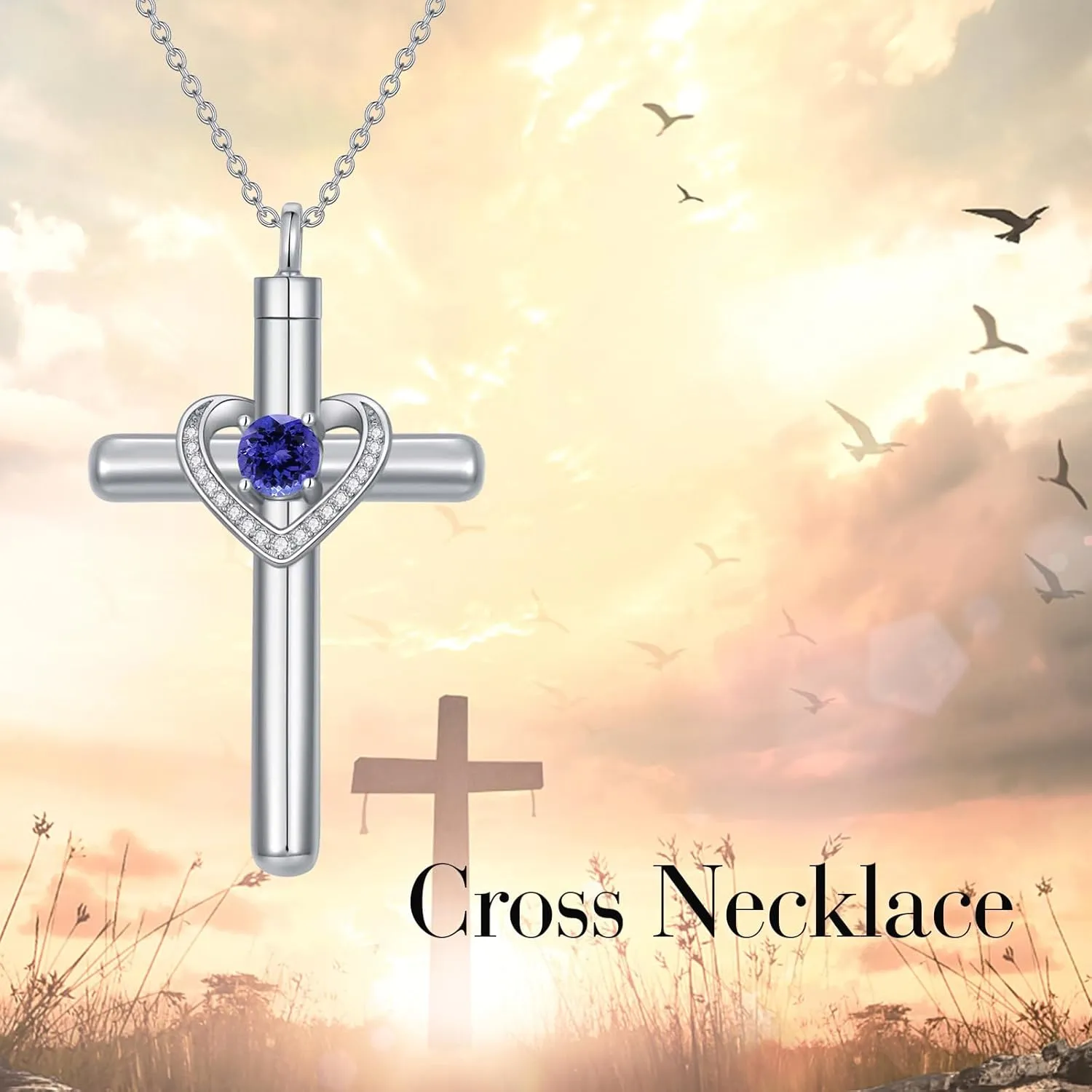 AOBOCO Cross Necklace for Ashes, Sterling Silver Birthstone Cross Urn Necklaces for Ashes Embellished with Crystals from Austria Keepsake Cremation Jewelry for Pet Human Ashes