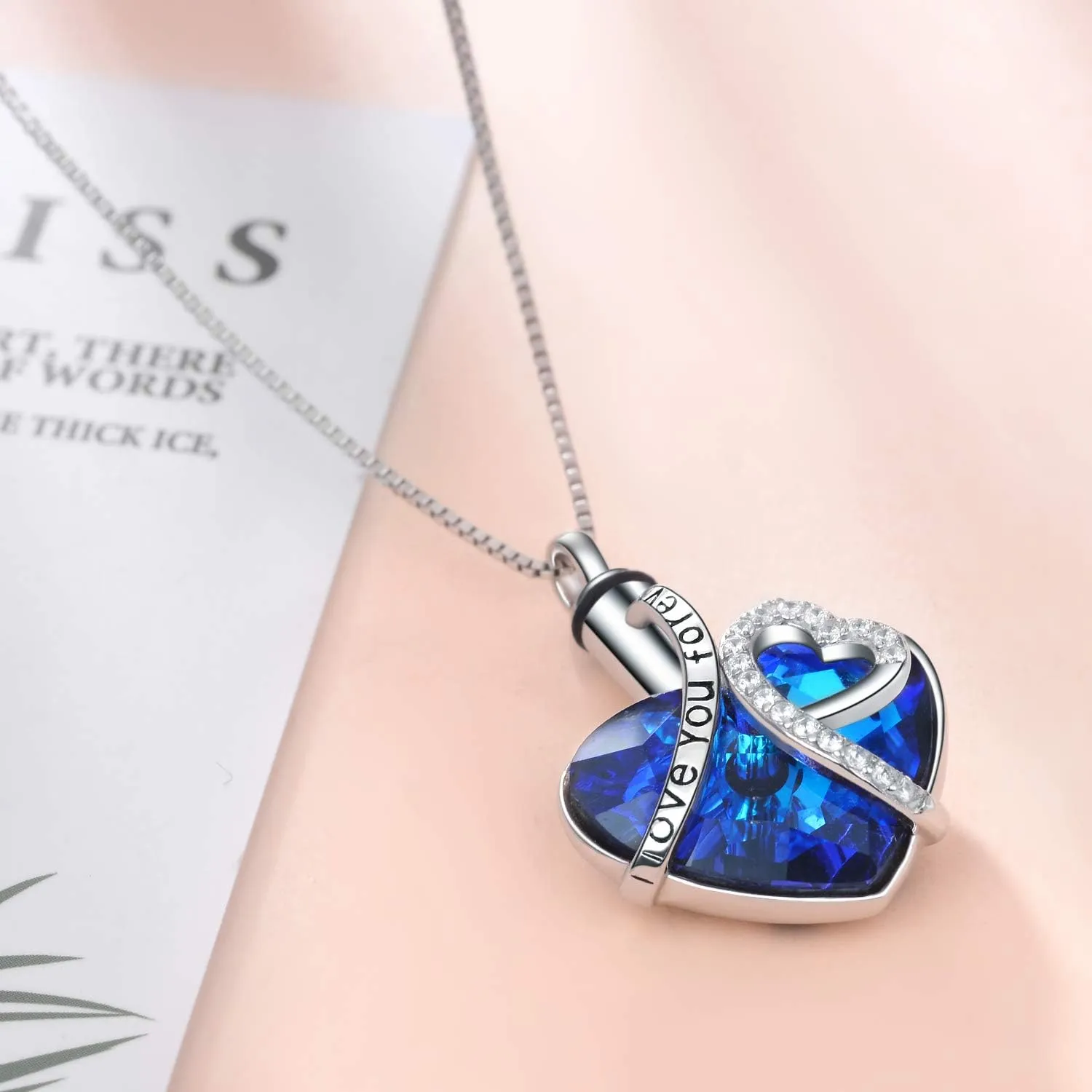 AOBOCO Heart URN Necklace S925 Sterling Silver Cremation Necklaces for Ashes Embellished with Crystals from Austria, Fine Keepsake Memorial Jewelry (Package including a Necklace/Pin/Funnel)