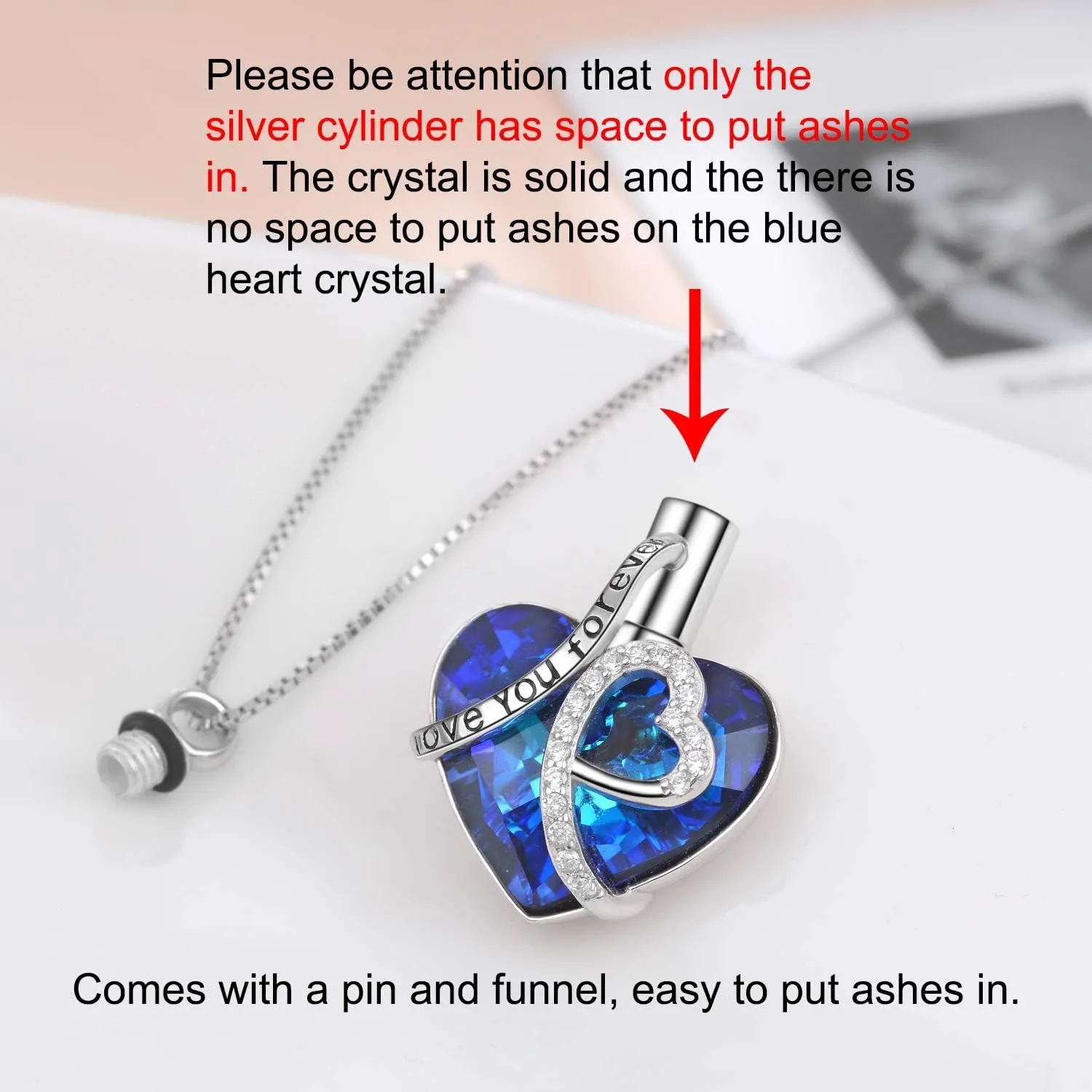 AOBOCO Heart URN Necklace S925 Sterling Silver Cremation Necklaces for Ashes Embellished with Crystals from Austria, Fine Keepsake Memorial Jewelry (Package including a Necklace/Pin/Funnel)