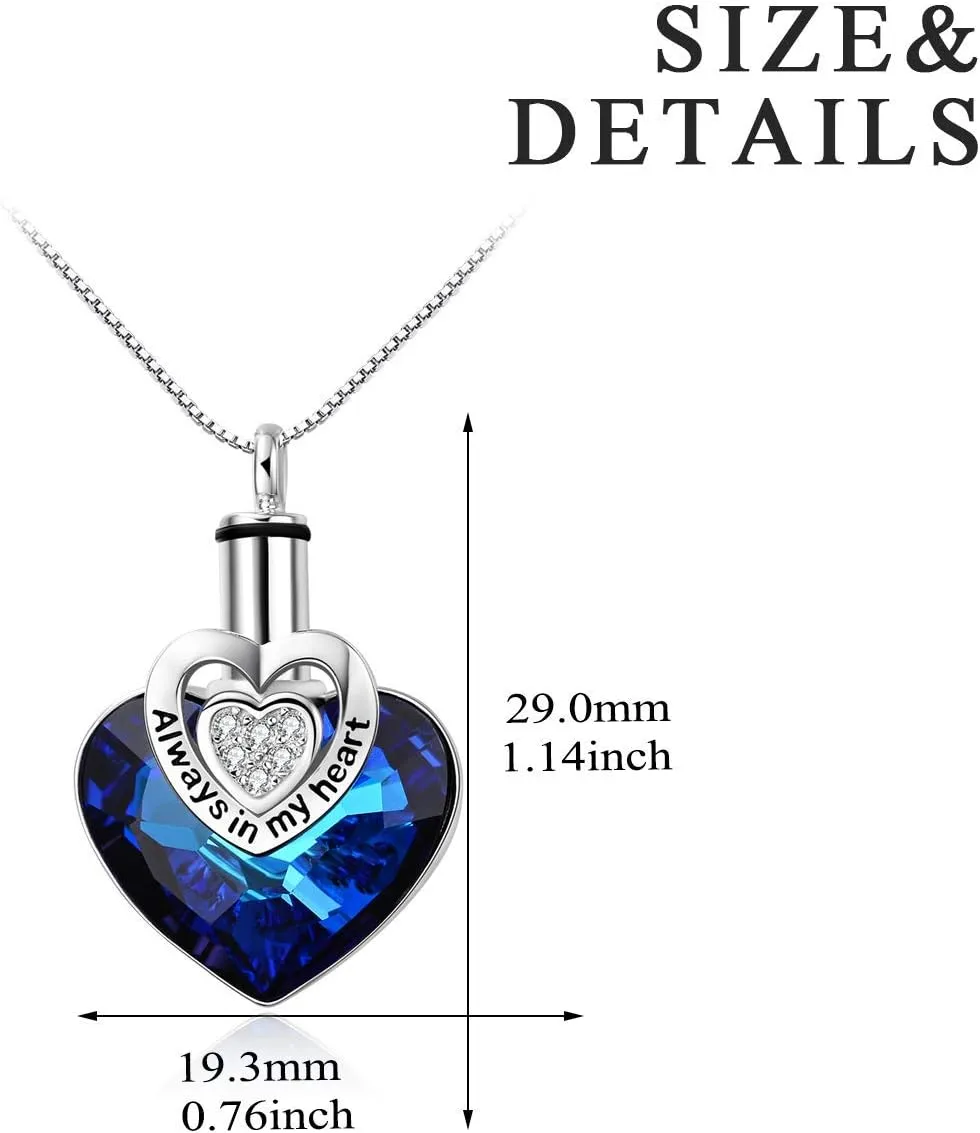 AOBOCO Heart URN Necklace S925 Sterling Silver Cremation Necklaces for Ashes Embellished with Crystals from Austria, Fine Keepsake Memorial Jewelry (Package including a Necklace/Pin/Funnel)