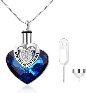 AOBOCO Heart URN Necklace S925 Sterling Silver Cremation Necklaces for Ashes Embellished with Crystals from Austria, Fine Keepsake Memorial Jewelry (Package including a Necklace/Pin/Funnel)
