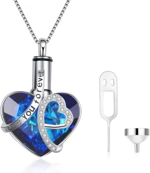 AOBOCO Heart URN Necklace S925 Sterling Silver Cremation Necklaces for Ashes Embellished with Crystals from Austria, Fine Keepsake Memorial Jewelry (Package including a Necklace/Pin/Funnel)