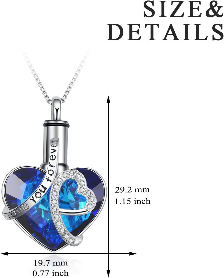AOBOCO Heart URN Necklace S925 Sterling Silver Cremation Necklaces for Ashes Embellished with Crystals from Austria, Fine Keepsake Memorial Jewelry (Package including a Necklace/Pin/Funnel)