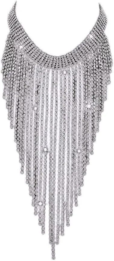 Aomcisi Fashion Women Sexy Rhinestone Bib Choker Necklace Tassel Long Chain Necklace