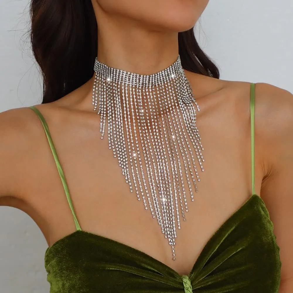 Aomcisi Fashion Women Sexy Rhinestone Bib Choker Necklace Tassel Long Chain Necklace
