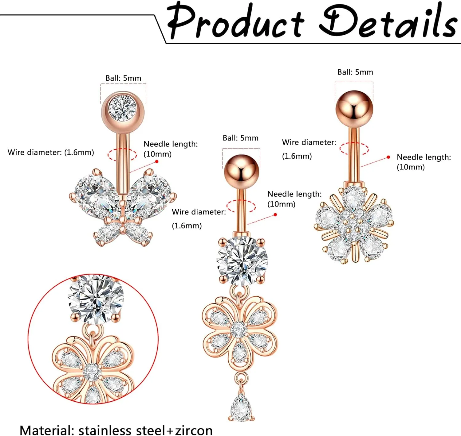 Aroncent 3Pcs 14G Stainless Steel Belly Button Ring for Women Navel Rings Barbell CZ Body Piercing Jewelry