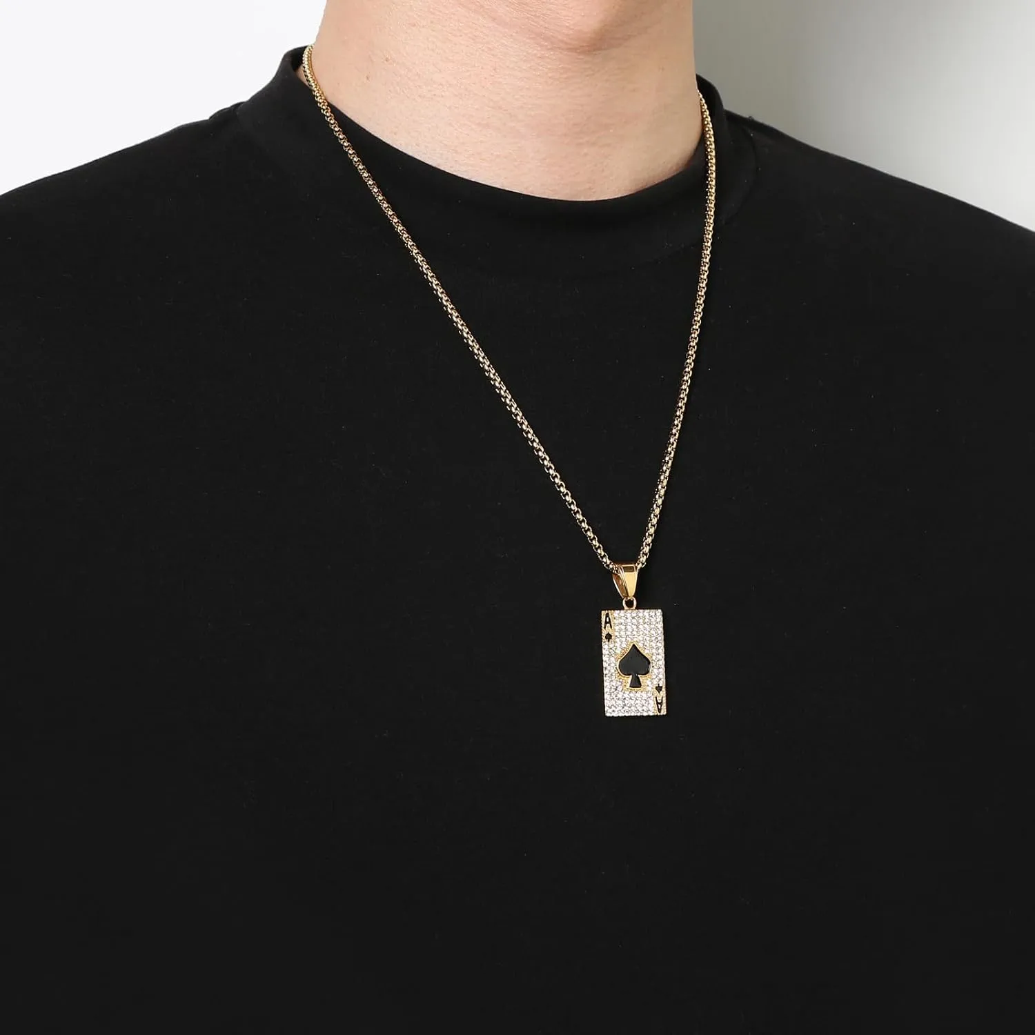 AsAlways 18K Gold Plated Playing Card Necklace for Men Stainless Steel Ace of Spade Poker Hip Hop Cubic Zirconia Pendant Necklace Jewelry Gift
