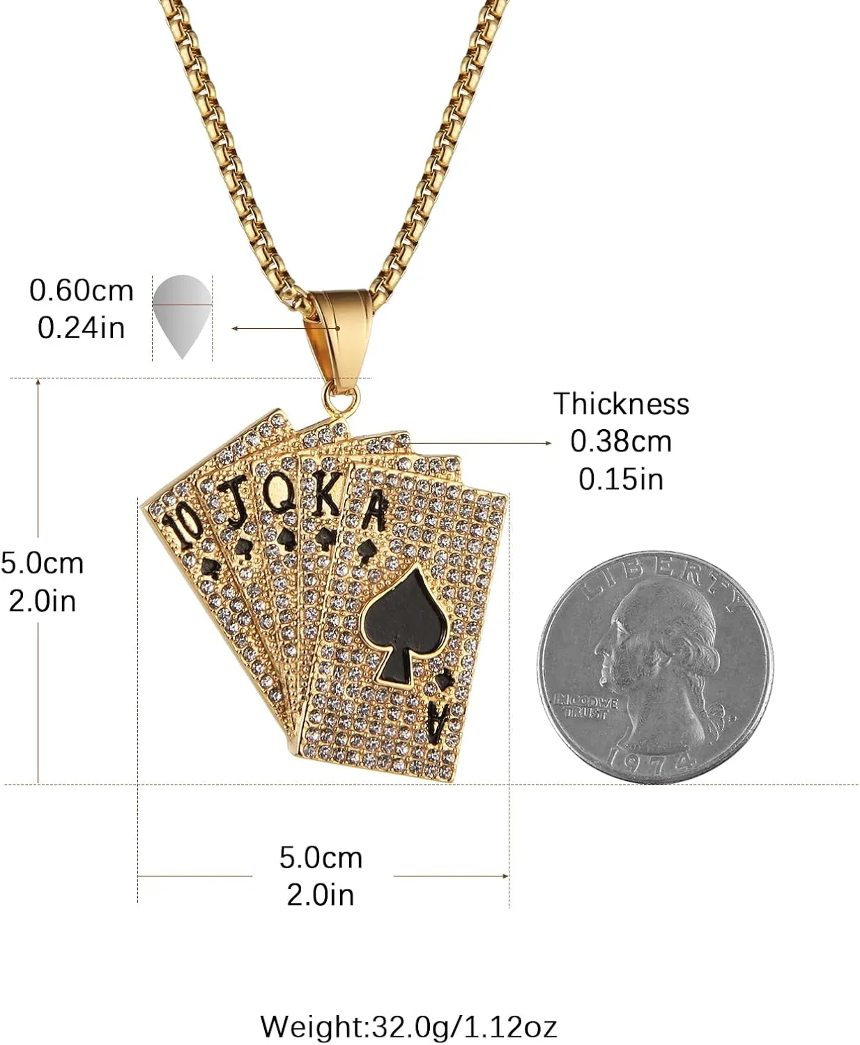 AsAlways 18K Gold Plated Playing Card Necklace for Men Stainless Steel Ace of Spade Poker Hip Hop Cubic Zirconia Pendant Necklace Jewelry Gift