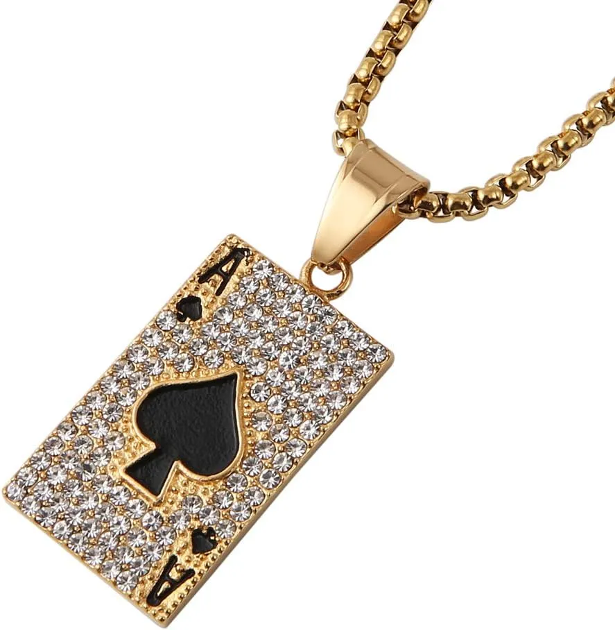AsAlways 18K Gold Plated Playing Card Necklace for Men Stainless Steel Ace of Spade Poker Hip Hop Cubic Zirconia Pendant Necklace Jewelry Gift