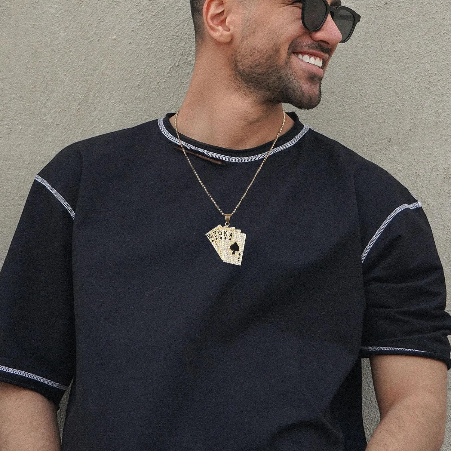 AsAlways 18K Gold Plated Playing Card Necklace for Men Stainless Steel Ace of Spade Poker Hip Hop Cubic Zirconia Pendant Necklace Jewelry Gift