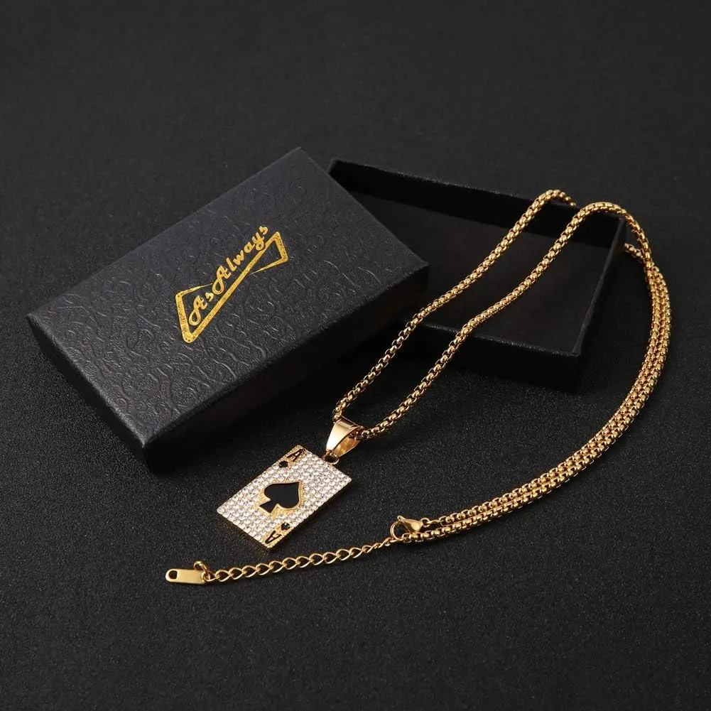AsAlways 18K Gold Plated Playing Card Necklace for Men Stainless Steel Ace of Spade Poker Hip Hop Cubic Zirconia Pendant Necklace Jewelry Gift