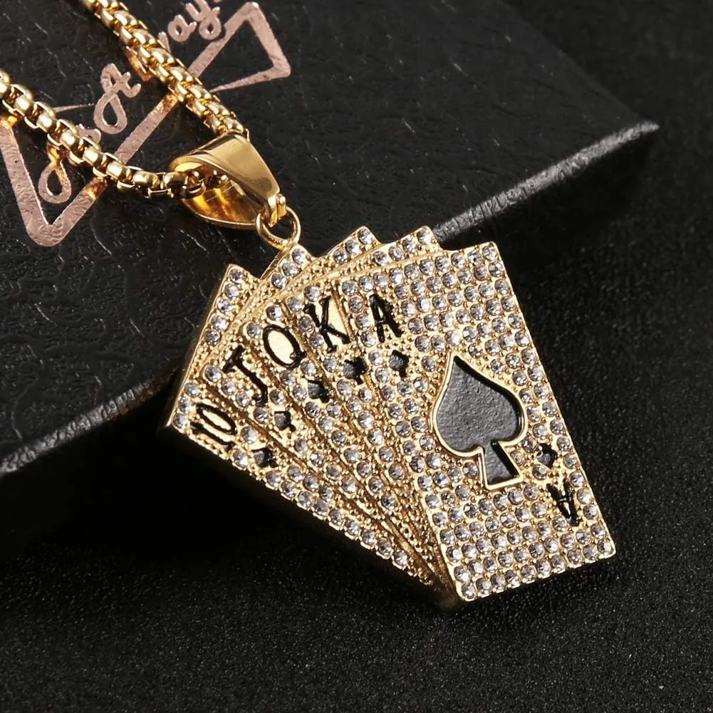 AsAlways 18K Gold Plated Playing Card Necklace for Men Stainless Steel Ace of Spade Poker Hip Hop Cubic Zirconia Pendant Necklace Jewelry Gift