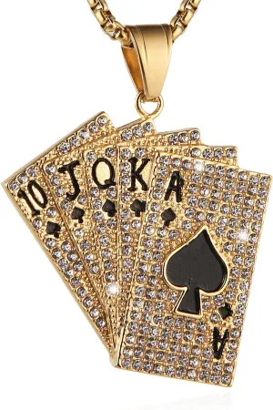 AsAlways 18K Gold Plated Playing Card Necklace for Men Stainless Steel Ace of Spade Poker Hip Hop Cubic Zirconia Pendant Necklace Jewelry Gift