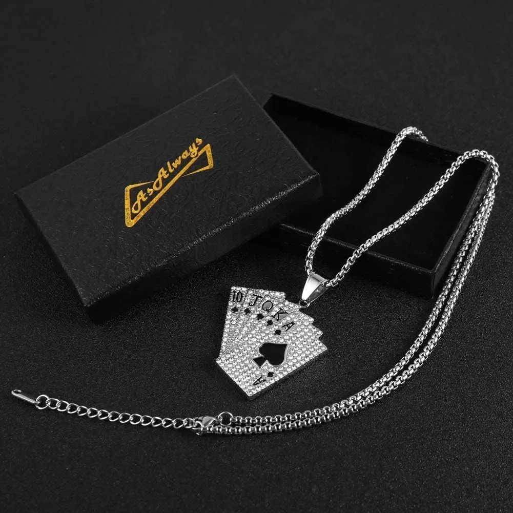 AsAlways 18K Gold Plated Playing Card Necklace for Men Stainless Steel Ace of Spade Poker Hip Hop Cubic Zirconia Pendant Necklace Jewelry Gift