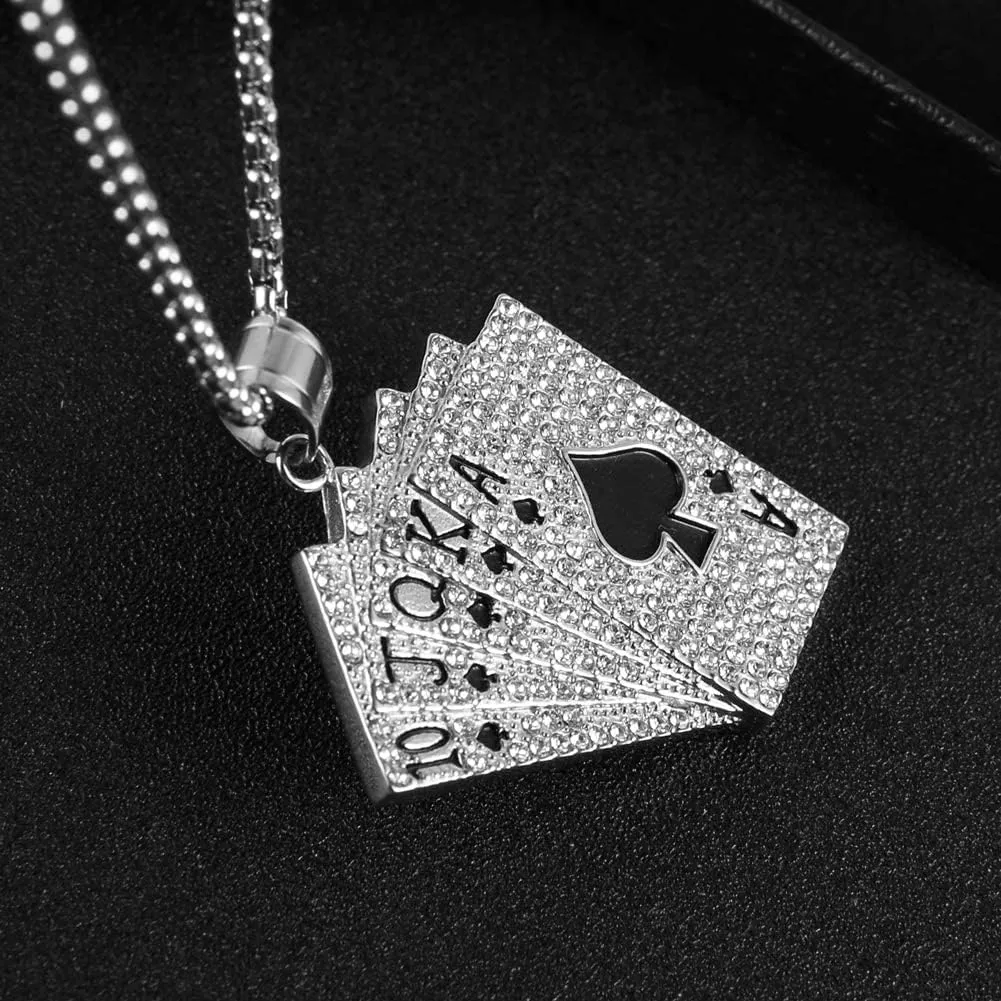 AsAlways 18K Gold Plated Playing Card Necklace for Men Stainless Steel Ace of Spade Poker Hip Hop Cubic Zirconia Pendant Necklace Jewelry Gift