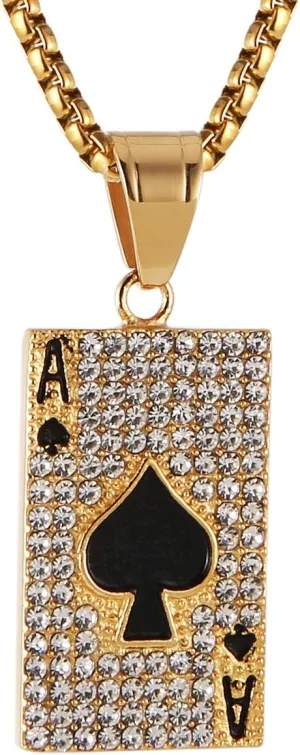 AsAlways 18K Gold Plated Playing Card Necklace for Men Stainless Steel Ace of Spade Poker Hip Hop Cubic Zirconia Pendant Necklace Jewelry Gift