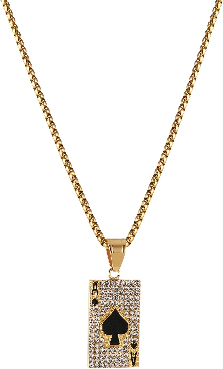 AsAlways 18K Gold Plated Playing Card Necklace for Men Stainless Steel Ace of Spade Poker Hip Hop Cubic Zirconia Pendant Necklace Jewelry Gift