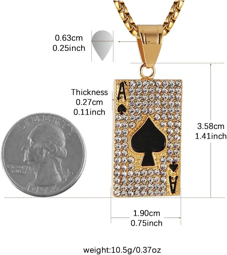 AsAlways 18K Gold Plated Playing Card Necklace for Men Stainless Steel Ace of Spade Poker Hip Hop Cubic Zirconia Pendant Necklace Jewelry Gift