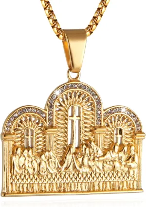AsAlways Stainless Steel Gold Plated Lord's Supper Cubic Zirconia Last Supper Jesus with His Disciples Pendant Necklace for Men Hip Hop Jewelry