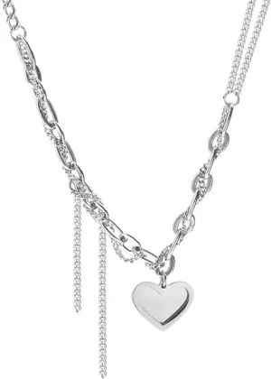 ASHMITA Silver Titanium Steel Necklace Double-layered heart stack Plated Head Pendant Necklace Chunky Paperclip Choker Necklace For Gift For Women Jewelry