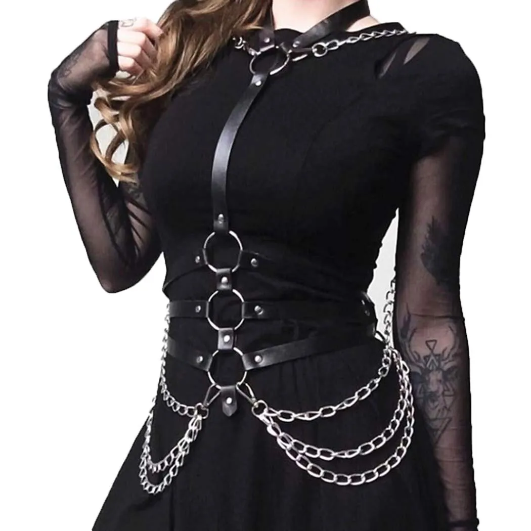 Asooll Leather Harness Waist Chains Belt Black Body Harness Fashion Belly Belts Accessories Jewelry for Women