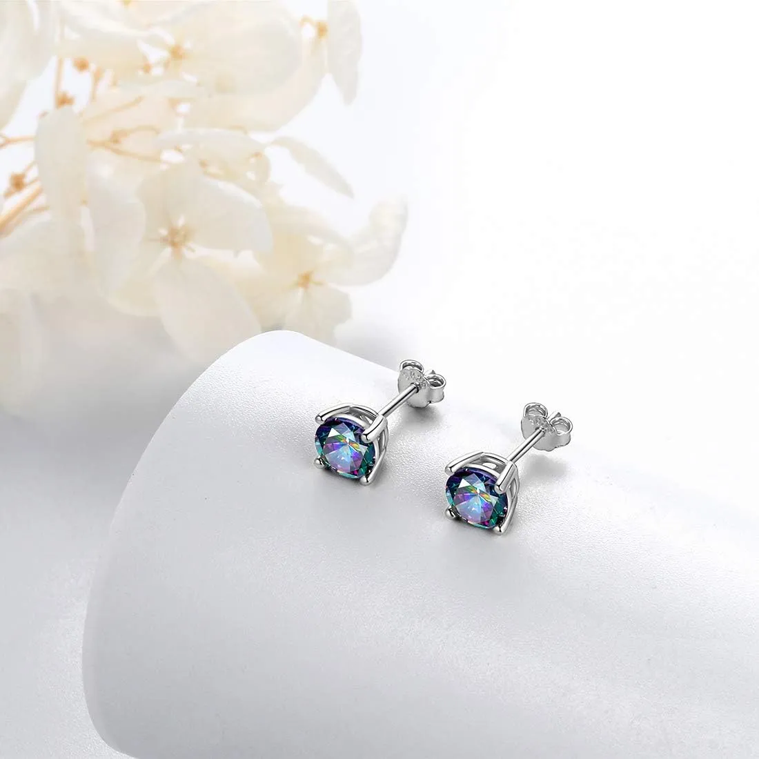 Aurora Tears Mystic-topaz Rainbow Studs Earrings Men 925 Sterling Silver Women Small Stud Crystal Cubic Zirconia Minimalist Stud Earring Girls Dating Jewelry Boys Gift