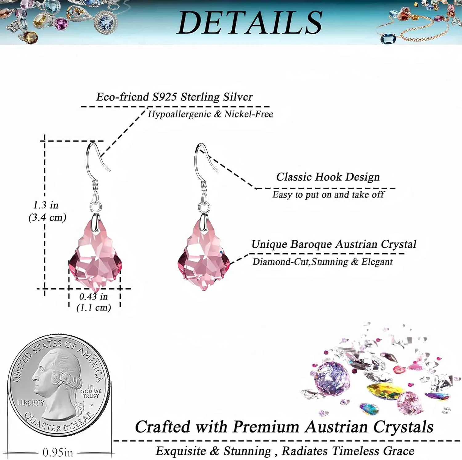 Austrian Crystal Baroque Drop Dangle Earrings for Women 925 Sterling Silver Hook Hypoallergenic Jewelry