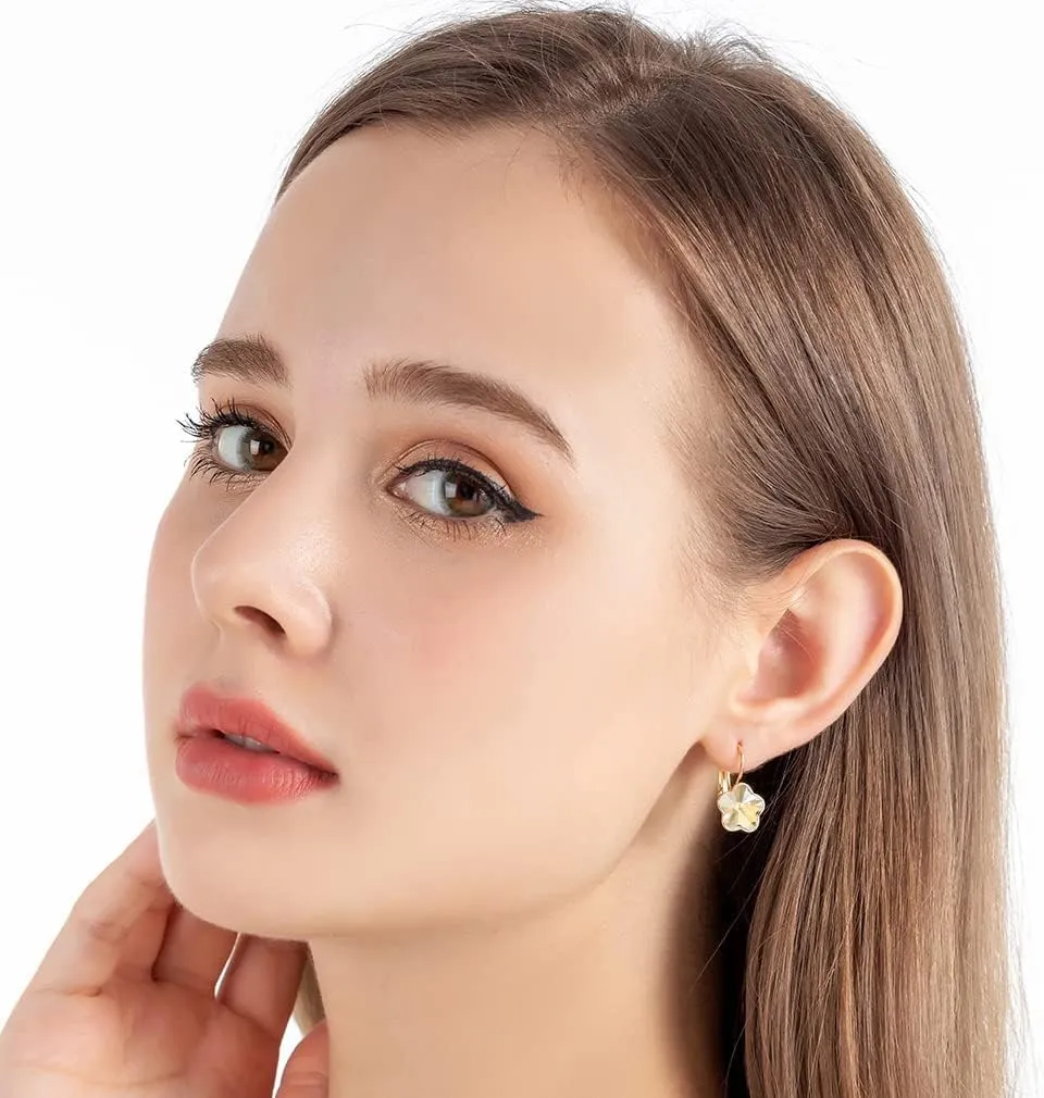 Austrian Crystal Flower Leverback Drop Earrings for Women 14K Rose Gold Plated Hypoallergenic Jewelry