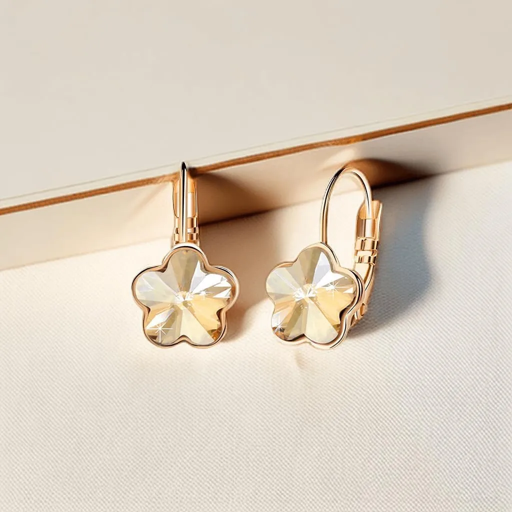Austrian Crystal Flower Leverback Drop Earrings for Women 14K Rose Gold Plated Hypoallergenic Jewelry