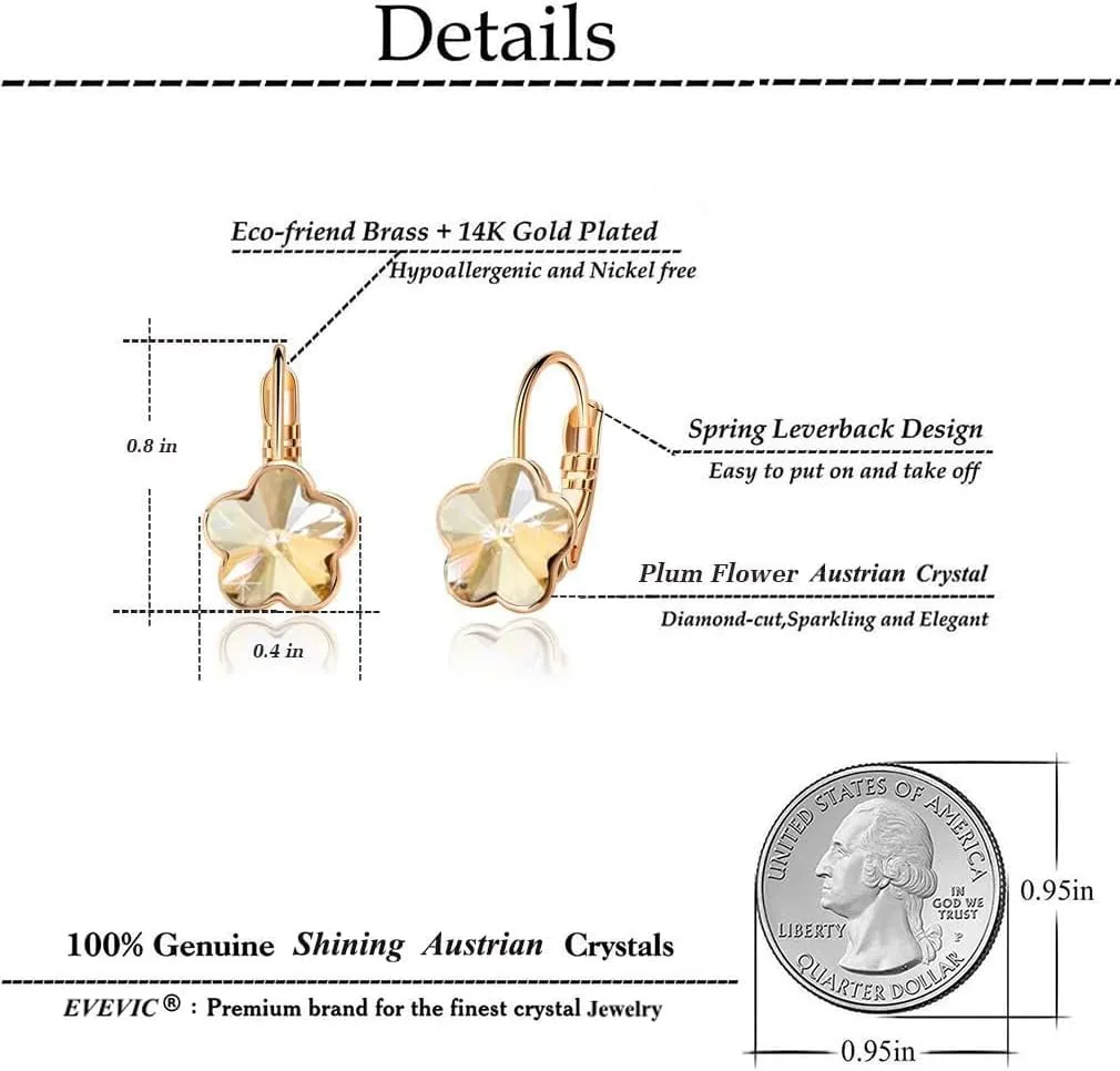 Austrian Crystal Flower Leverback Drop Earrings for Women 14K Rose Gold Plated Hypoallergenic Jewelry