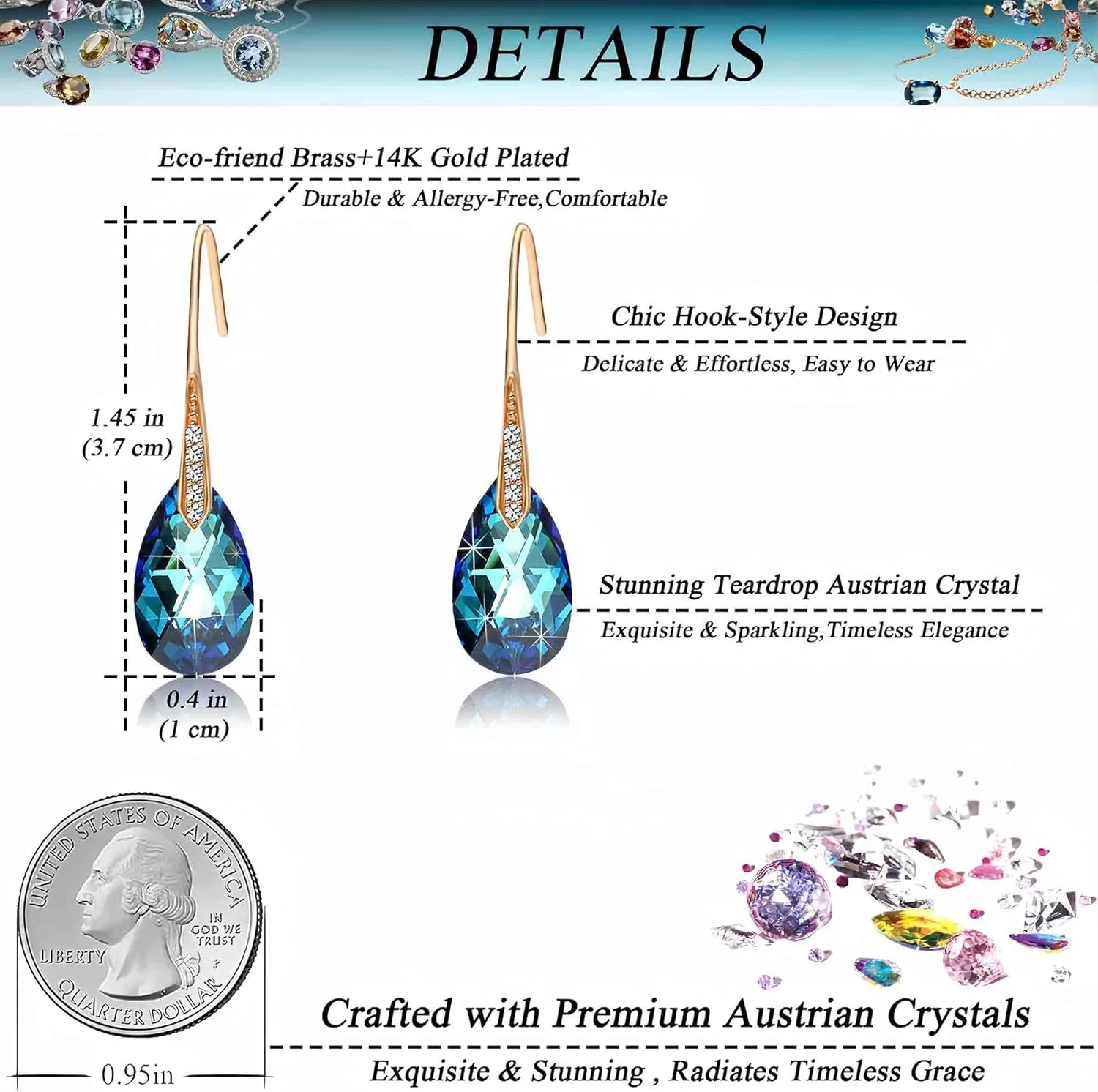 Austrian Crystal Teardrop Dangle Earrings for Women Drop Hook Earring 14K Rose Gold Plated Hypoallergenic Jewelry