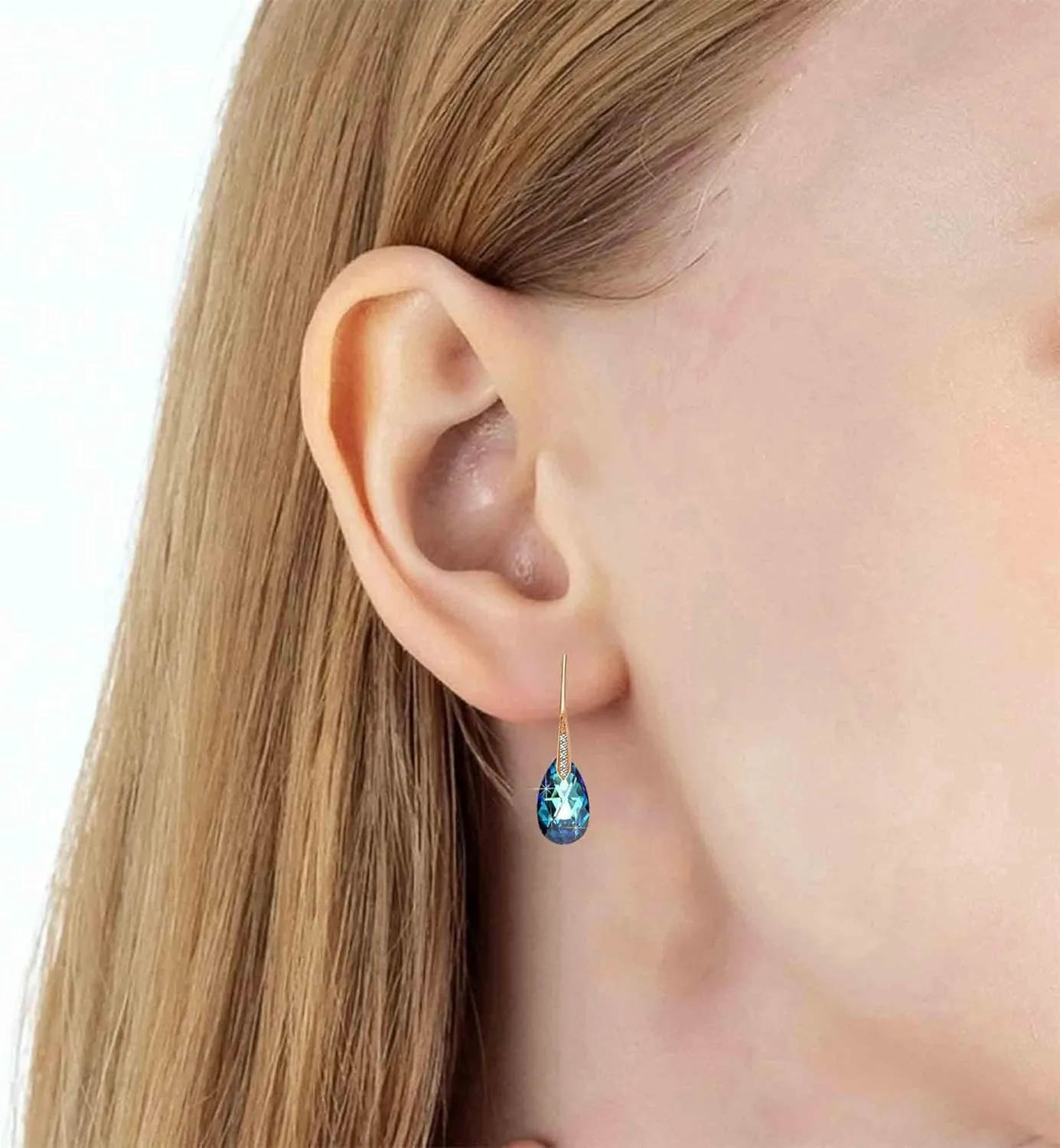 Austrian Crystal Teardrop Dangle Earrings for Women Drop Hook Earring 14K Rose Gold Plated Hypoallergenic Jewelry