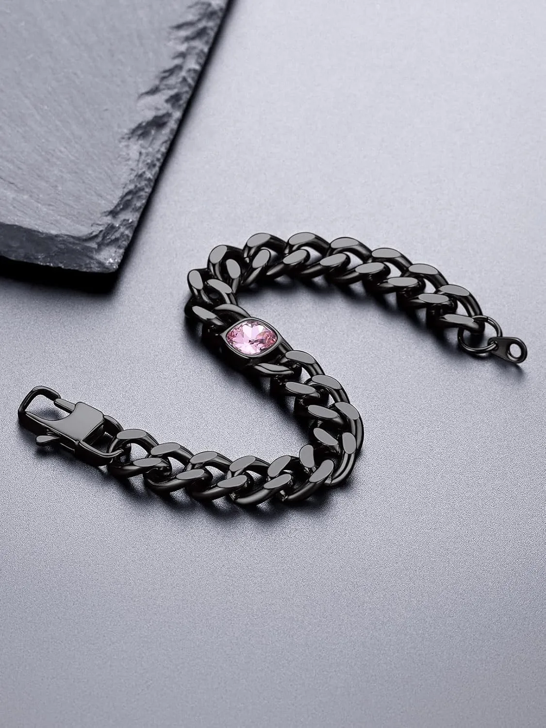 Bandmax Chunky Hip Hop Cuban Chain Bracelets for Women Men Cubic Zirconia/Black Onyx Link Bracelet Custom Birthstone Bracelet Jewelry for Gift