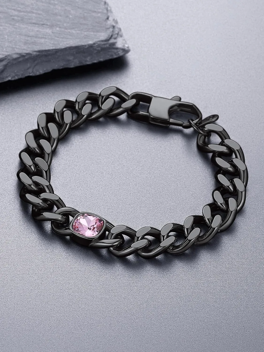 Bandmax Chunky Hip Hop Cuban Chain Bracelets for Women Men Cubic Zirconia/Black Onyx Link Bracelet Custom Birthstone Bracelet Jewelry for Gift