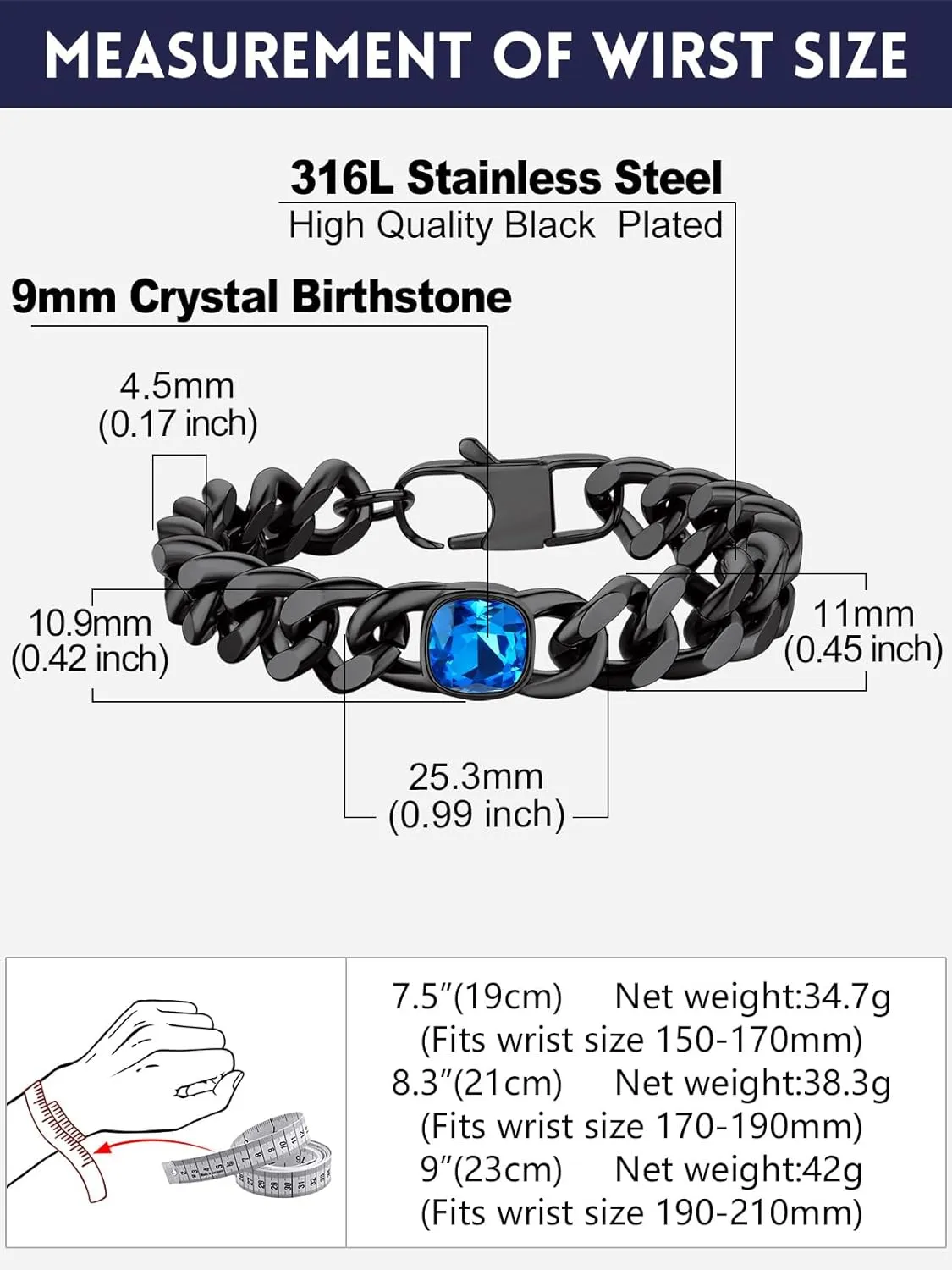 Bandmax Chunky Hip Hop Cuban Chain Bracelets for Women Men Cubic Zirconia/Black Onyx Link Bracelet Custom Birthstone Bracelet Jewelry for Gift