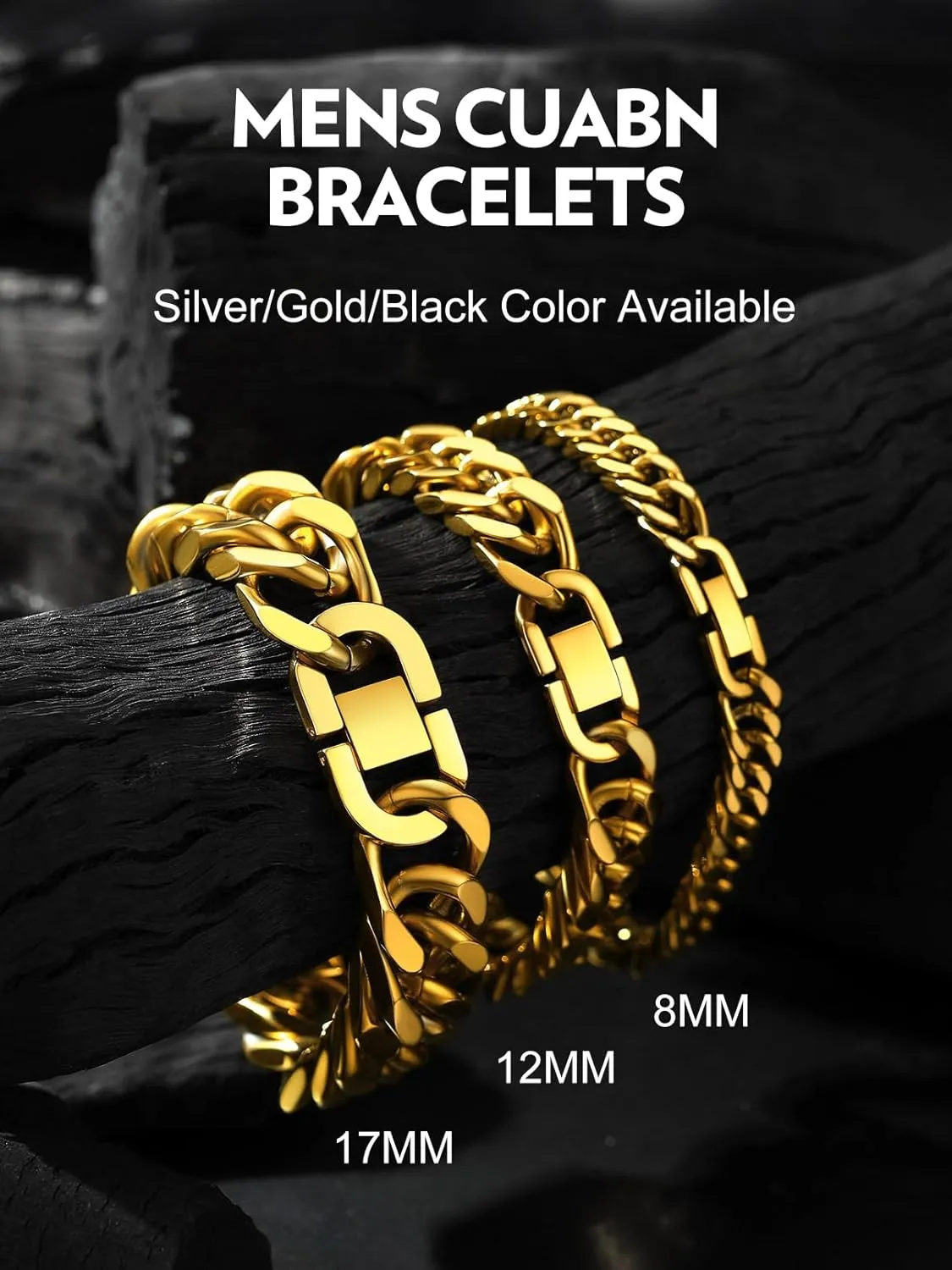 Bandmax Cuban Link Chain Bracelet for Men Women, Silver/Gold/Black Hip Hop Punk Biker Hand Chain Bracelets 7"-9" Mens Chunky Chain Jewelry