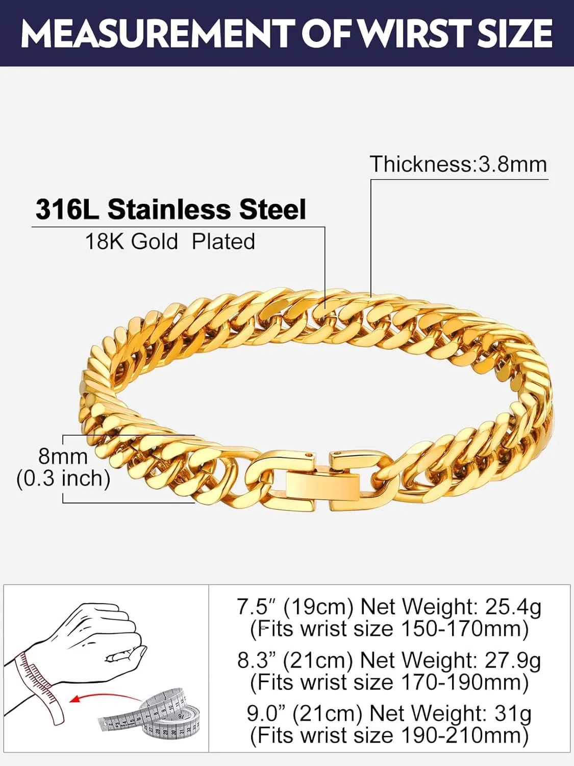 Bandmax Cuban Link Chain Bracelet for Men Women, Silver/Gold/Black Hip Hop Punk Biker Hand Chain Bracelets 7"-9" Mens Chunky Chain Jewelry
