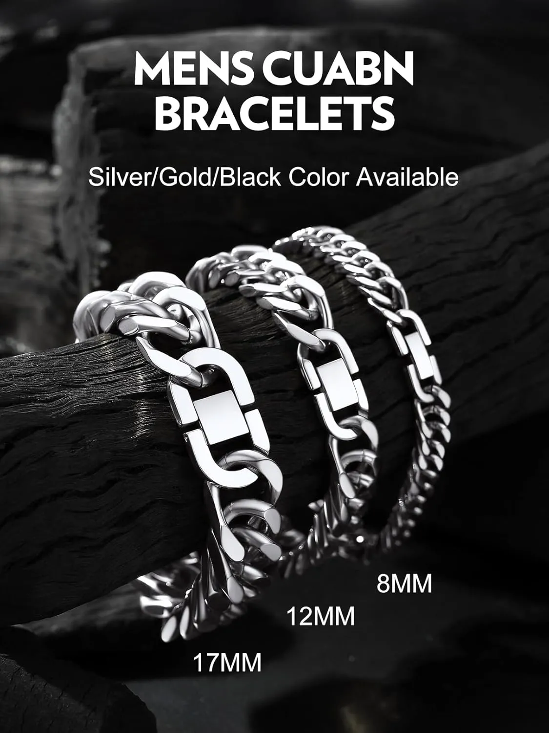 Bandmax Cuban Link Chain Bracelet for Men Women, Silver/Gold/Black Hip Hop Punk Biker Hand Chain Bracelets 7"-9" Mens Chunky Chain Jewelry