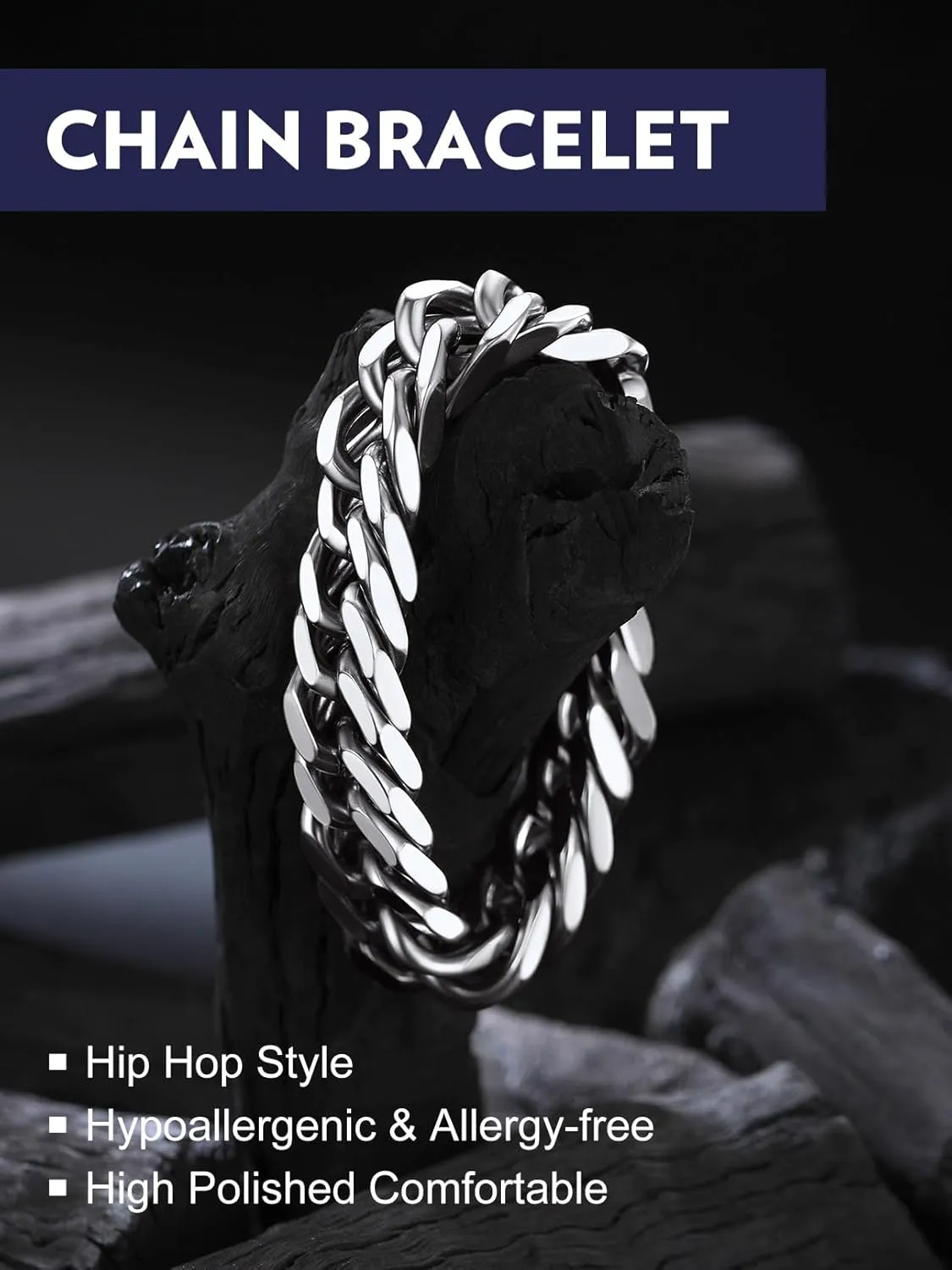 Bandmax Cuban Link Chain Bracelet for Men Women, Silver/Gold/Black Hip Hop Punk Biker Hand Chain Bracelets 7"-9" Mens Chunky Chain Jewelry