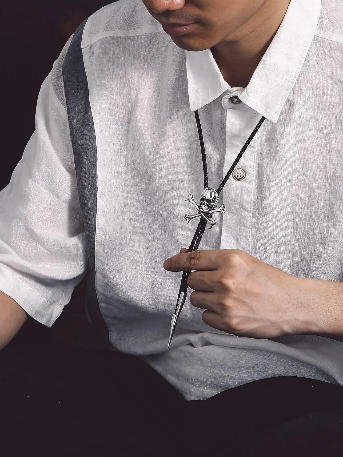 Bandmax Genunie Leather Black Onyx Bolo Ties for Men Vintage Western Style Leather Necktie Gift for Father Husband