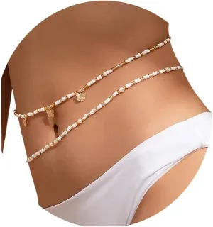 Beads Waist Bikini Chain Gold Boho Butterfly Belly Chains Layered Body Chain Beach Tassel Stretchy Stomach Jewelry for Women