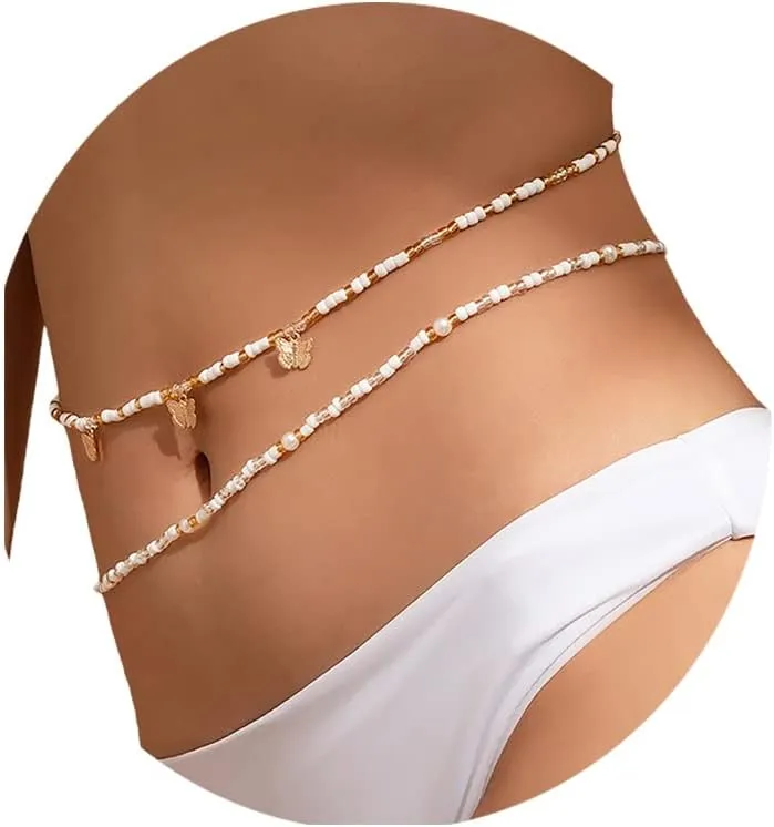 Beads Waist Bikini Chain Gold Boho Butterfly Belly Chains Layered Body Chain Beach Tassel Stretchy Stomach Jewelry for Women